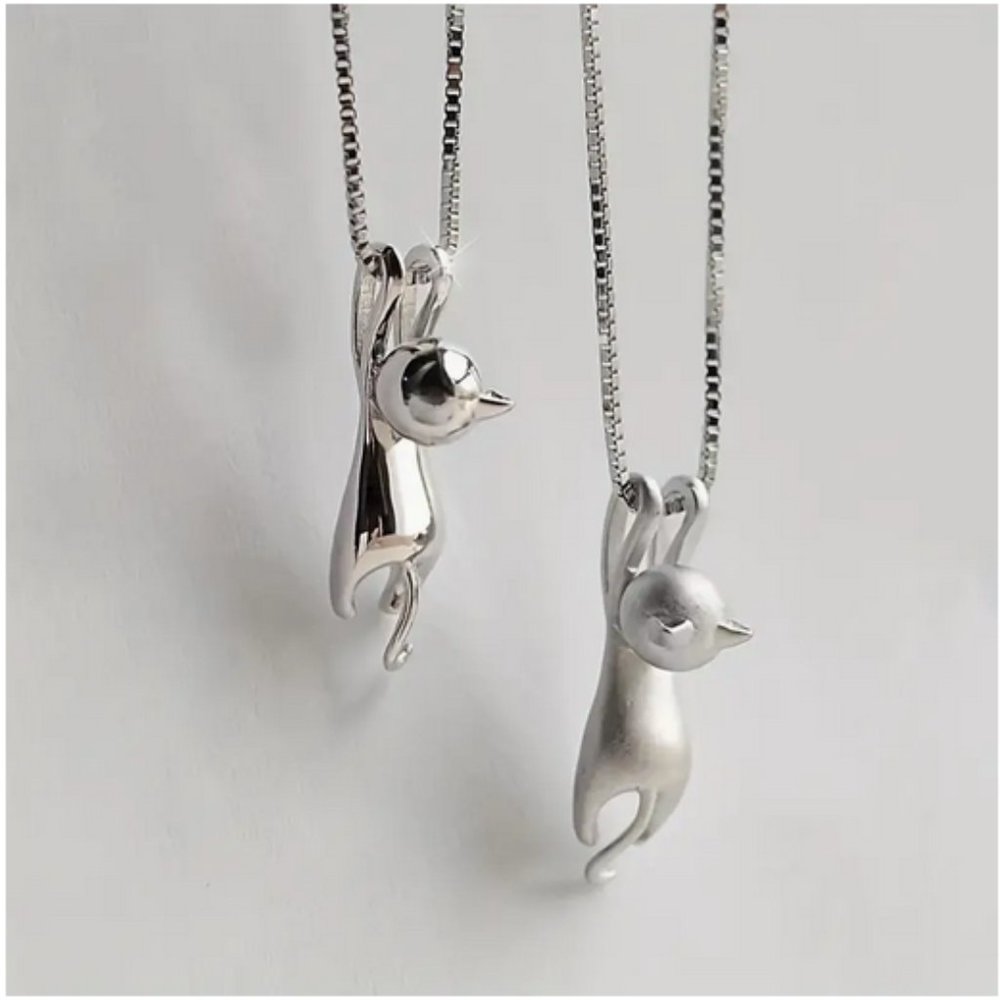 Clinging To Heart Cat Silver Necklace in Brilliant or Subtle Silver